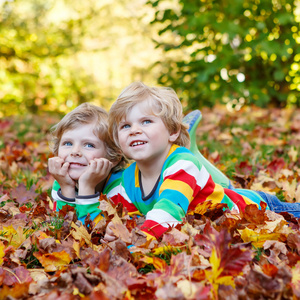 两个小家伙男孩躺在秋天的落叶，在鲜艳的服饰