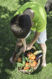 男孩和篮子与 vegetabless