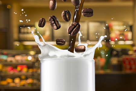 牛奶飞溅的咖啡豆