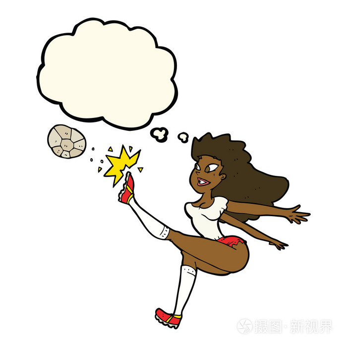 卡通女子足球球员踢脚球与思想泡泡
