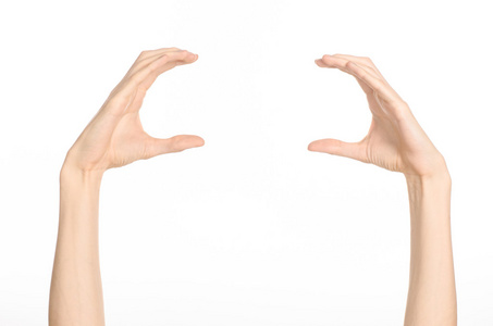 手的手势主题 人类的手显示孤立在工作室中的白色背景上的手势