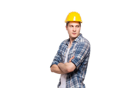一名工人头戴黄色头盔头上的肖像