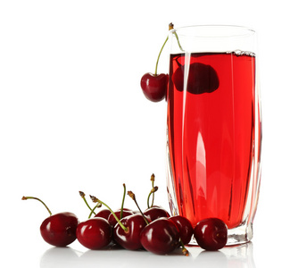 杯新鲜果汁与樱桃上白色孤立图片