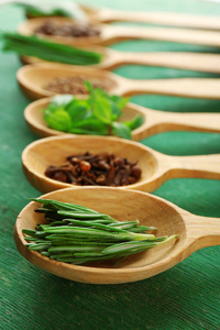 木制的勺子与新鲜的药草和香料木制背景