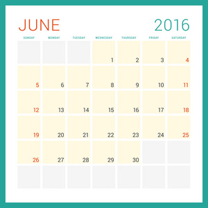 2016年日历。 矢量平面设计模板。 六月。 每周开始