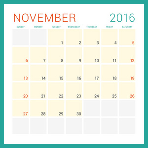 2016年日历。 矢量平面设计模板。 11月。 一周开始