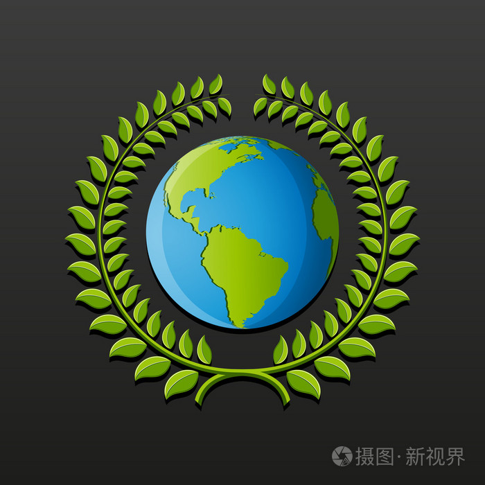 生态标志与地球和树叶的花环.矢量图