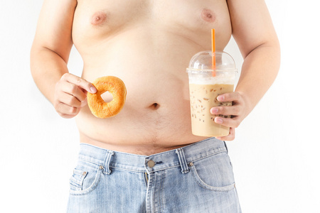 胖的男人，甜甜圈和咖啡