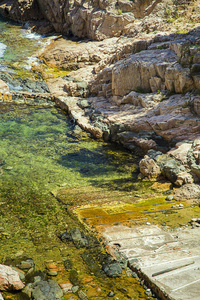 码头上有绿色海岸水的岩石海岸