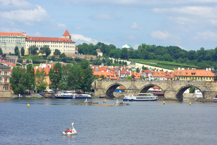 视图的查尔斯桥和布拉格城堡从捷克共和国河伏尔塔瓦河