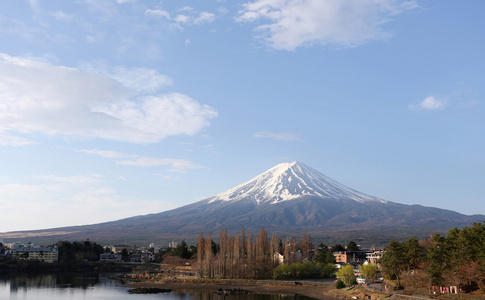 河口湖公园附近的湖和的富士山