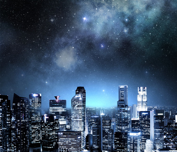 城市上空繁星点点的夜空繁星满天的夜晚,在陌生的城市-科幻场景第 2
