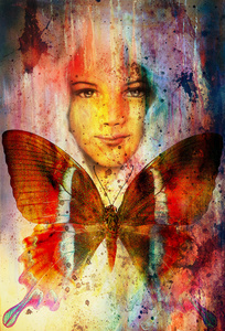年轻女孩天使的脸和蝴蝶。 结构和颜色