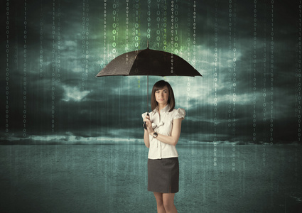 女商人站在伞数据保护的概念