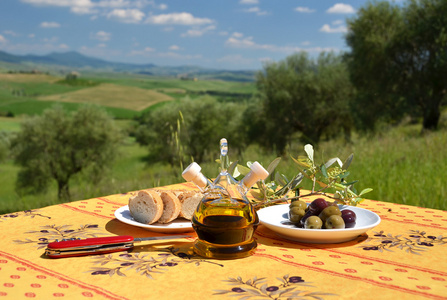 橄榄油和托斯卡纳景观上的面包
