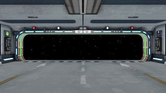 渲染的暗光隧道中的未来科幻旧锈金属宇宙飞船门真实感科幻飞船舱门的