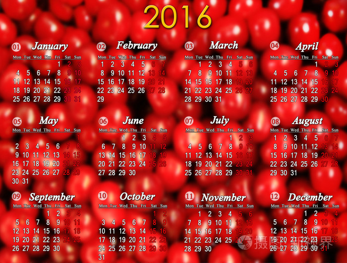 日历年到 2016 年为背景,樱桃浆果