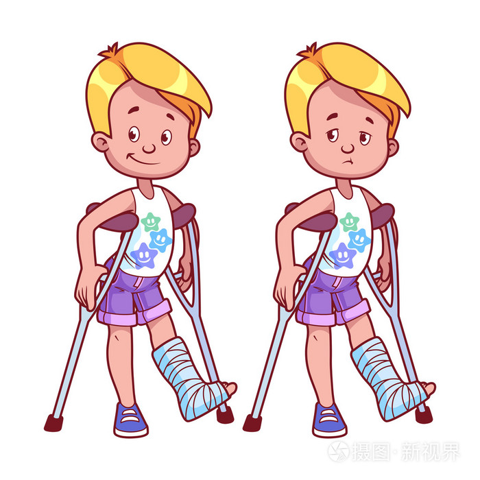 快乐和悲伤男孩上了石膏腿部骨折