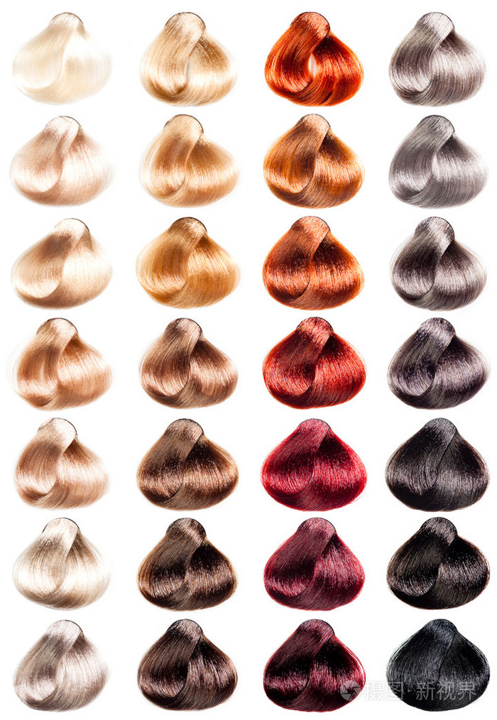 不同颜色的头发调色板样品. 美的色调我