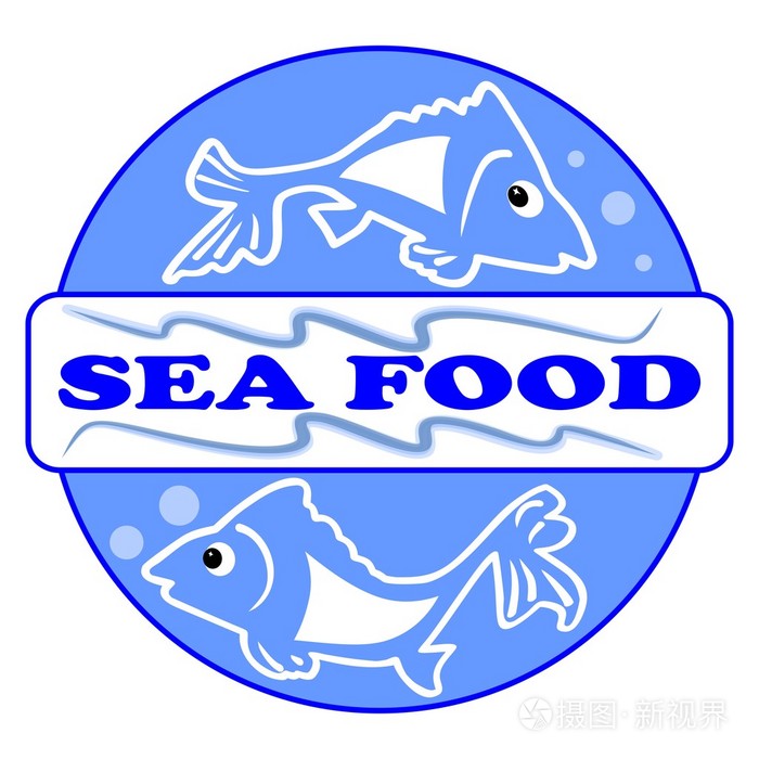海食品标签或有两个可爱的鱼卡通图案的广告牌。设计中的蓝色圆的题字海洋食品。矢量 Eps 10。对于餐厅广告，或者带着丝丝的产品