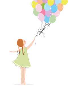 小女孩抱着五颜六色气球矢量