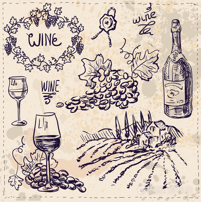 手绘矢量集葡萄酒和葡萄酒酿造