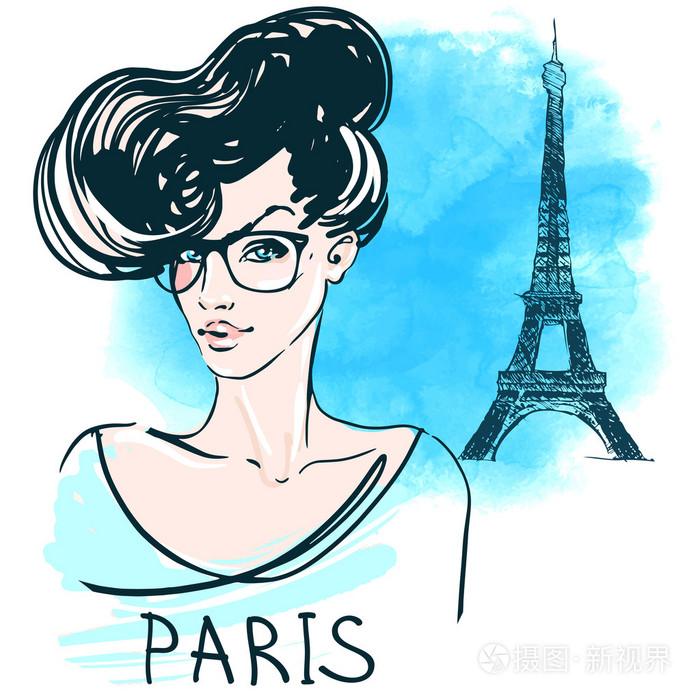 摄图新视界 插画 人物 法国在埃菲尔铁塔的眼镜的女人.eps