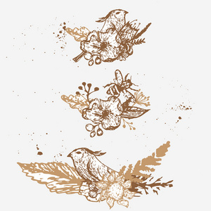 矢量可爱的老式手工绘制的花花环镶着蜜蜂和小鸟为婚礼 邀请函 横幅。Eps10