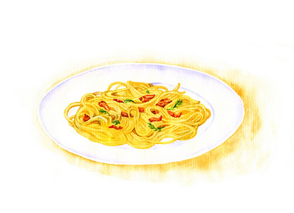 意大利面条 carbonara 画的水彩照片