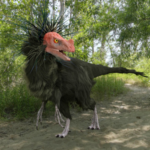 侏罗纪蕨类植物穿过森林的恐龙鸟雀照片