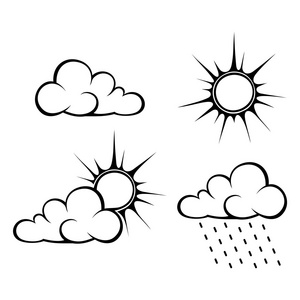 黑色轮廓线的云和太阳.矢量图照片