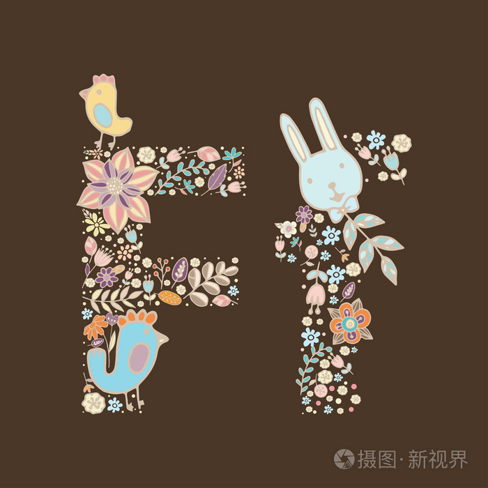 字母f五颜六色的字母表动物花朵和树枝的明亮的花卉元素矢量中的花abc