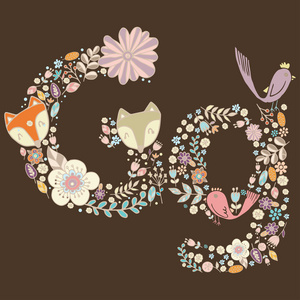 字母 g. 五颜六色的字母表动物花朵和树枝的明亮的花卉元素。矢量中的花 abc 元素