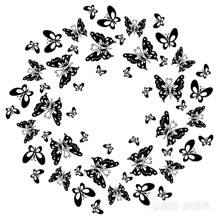 蝴蝶圆形图案.黑蝴蝶上白色孤立的花环
