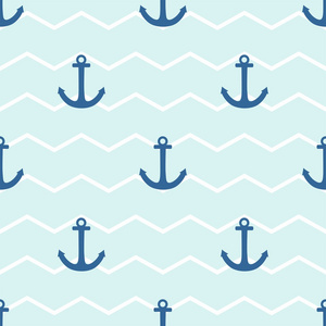 平铺水手矢量模式与白色和蓝色条纹背景上的锚点
