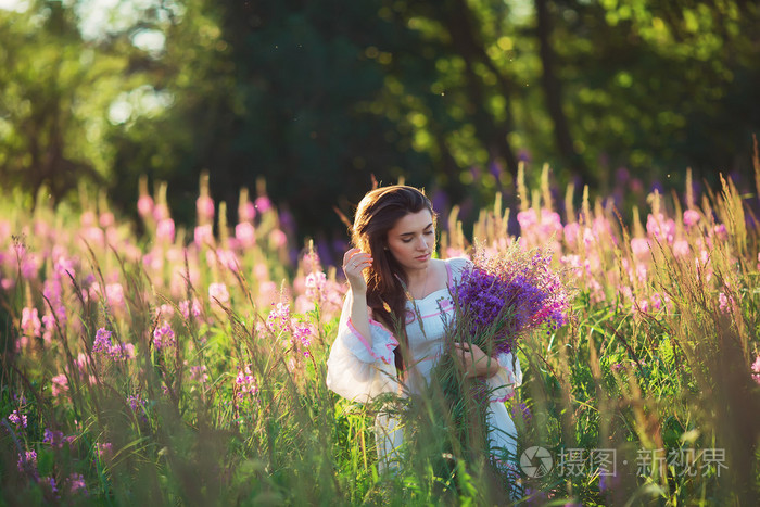照片 美丽的年轻女孩,薰衣草在外地举行日落.沃尔玛.jpg