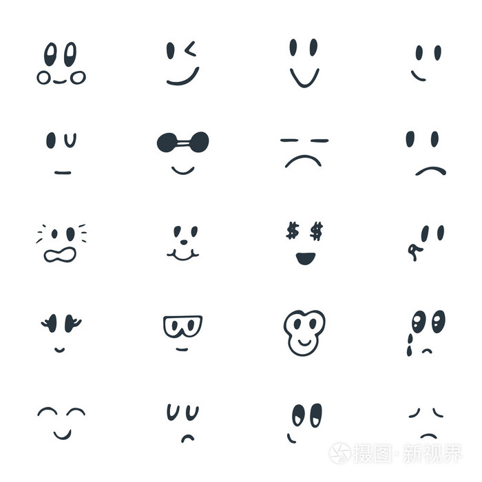 插画 一套手绘的滑稽笑脸. 素描的面部表情.eps