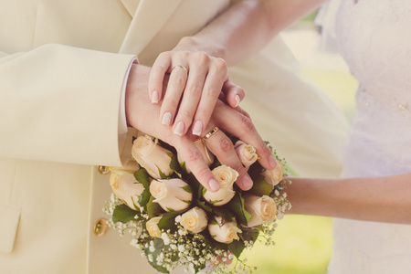 结婚戒指，婚礼当天新娘和新郎手