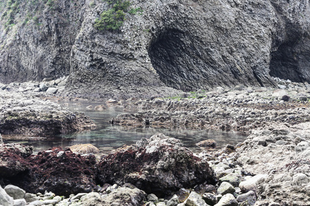 锯齿状的石头海滩与岩石和洞穴