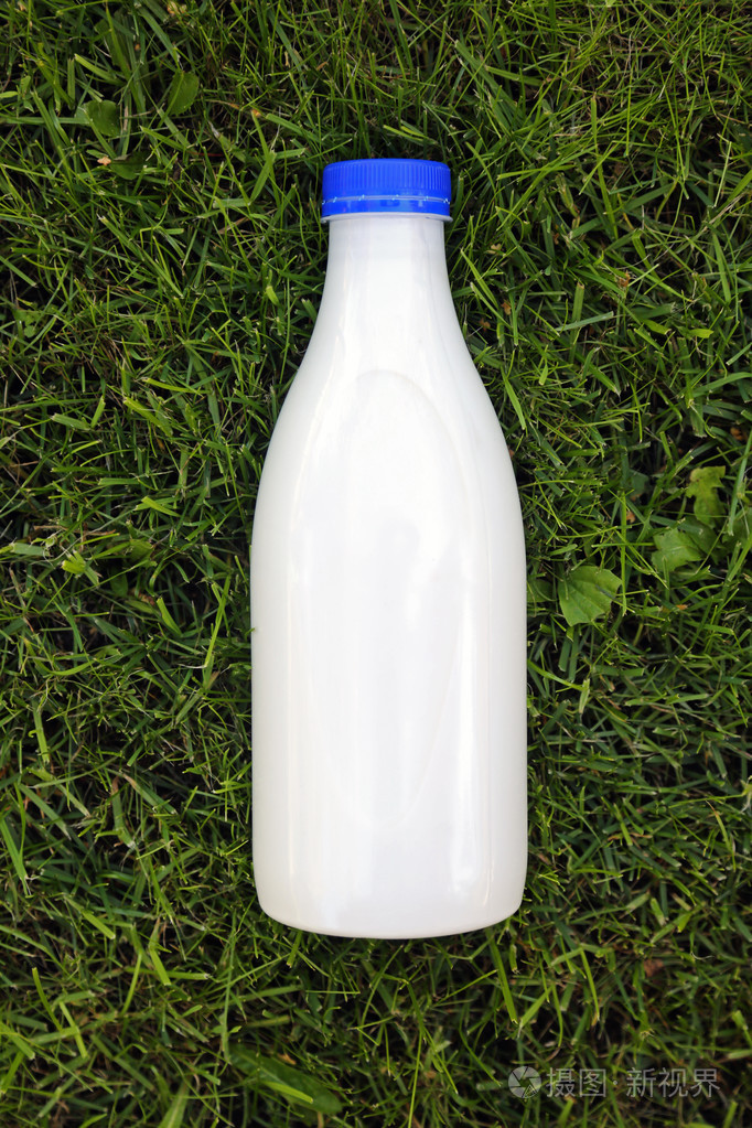 空白的牛奶瓶在草地上的顶视图
