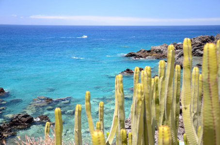 在西班牙特内里费岛的海滩 de San Juan 华丽绿松石岩石湾