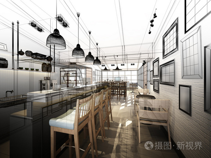设计素描的咖啡厅,3dwire 帧渲染