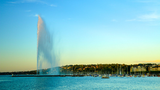 瑞士日内瓦 jet d  eau 的日落美景