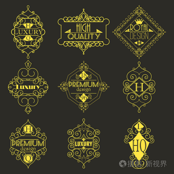 线艺术矢量的复古风格维多利亚斜元素.优雅几何闪亮花卉帧