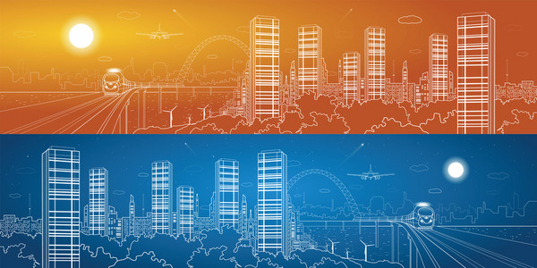 城市和交通组成，矢量线景观 夜镇 飞机飞行 火车在桥上 矢量设计