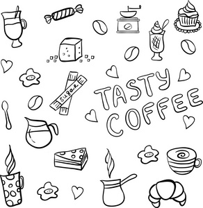 向量集的美味咖啡手画的涂鸦