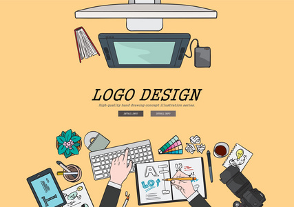 绘制平面设计插画专业的标志设计概念。为 web 横幅和宣传材料的概念