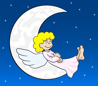 卡通天使睡在月亮上图片
