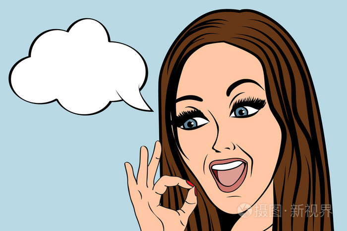 可爱的复古女人在漫画风格的 ok 的手势