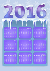 2016 年的日历。新年快乐